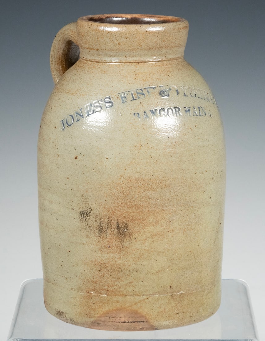 MAINE STONEWARE OYSTER JAR: MAINE STONEWARE OYSTER JAR Circa 1880s Salt Glazed Stoneware Jar, made by Bangor Stoneware Company for merchant "Jones's Fish & Oyster House, Bangor, Maine", with wide mouth and single handle."Jones's