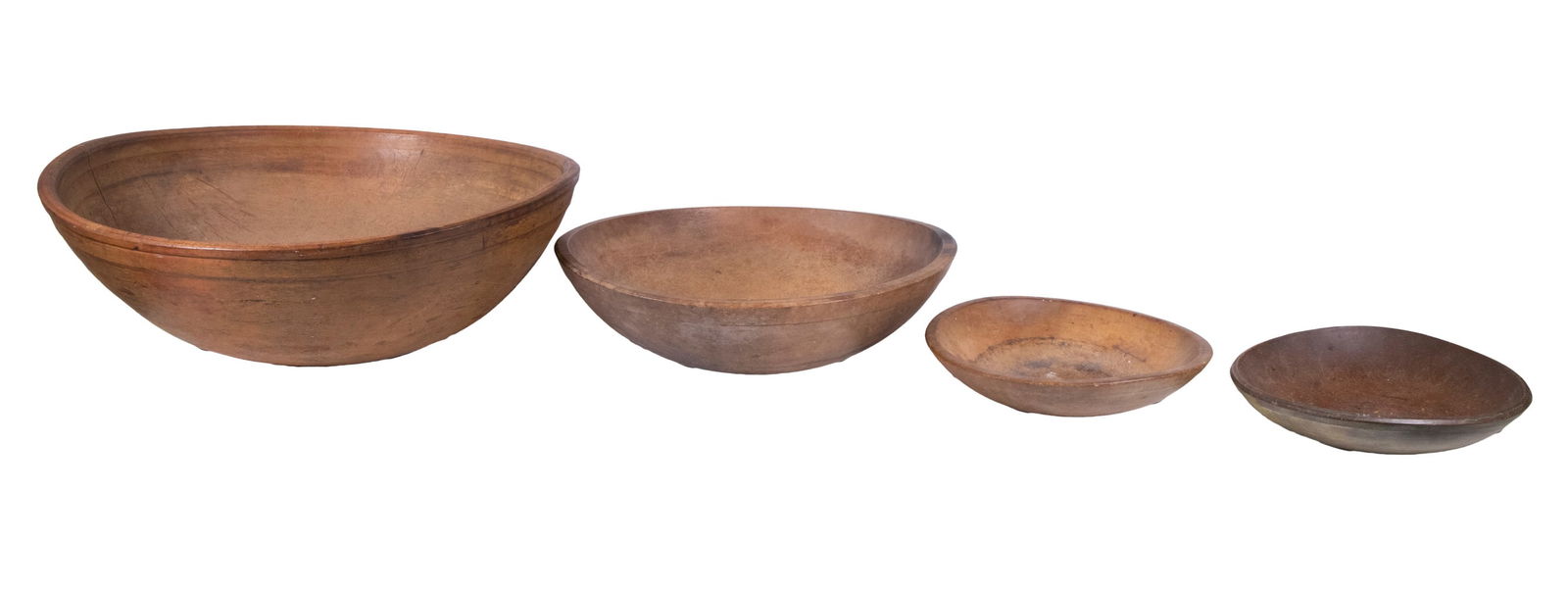 (4) EARLY TURNED WOODEN BOWLS: (4) EARLY TURNED WOODEN BOWLS Collection of (4) 19th c. Bowls, all with lipped rims, all slightly off-round, incl: Large bowl with double lipped rim, pronounced foot, with traces of yellow and salmon