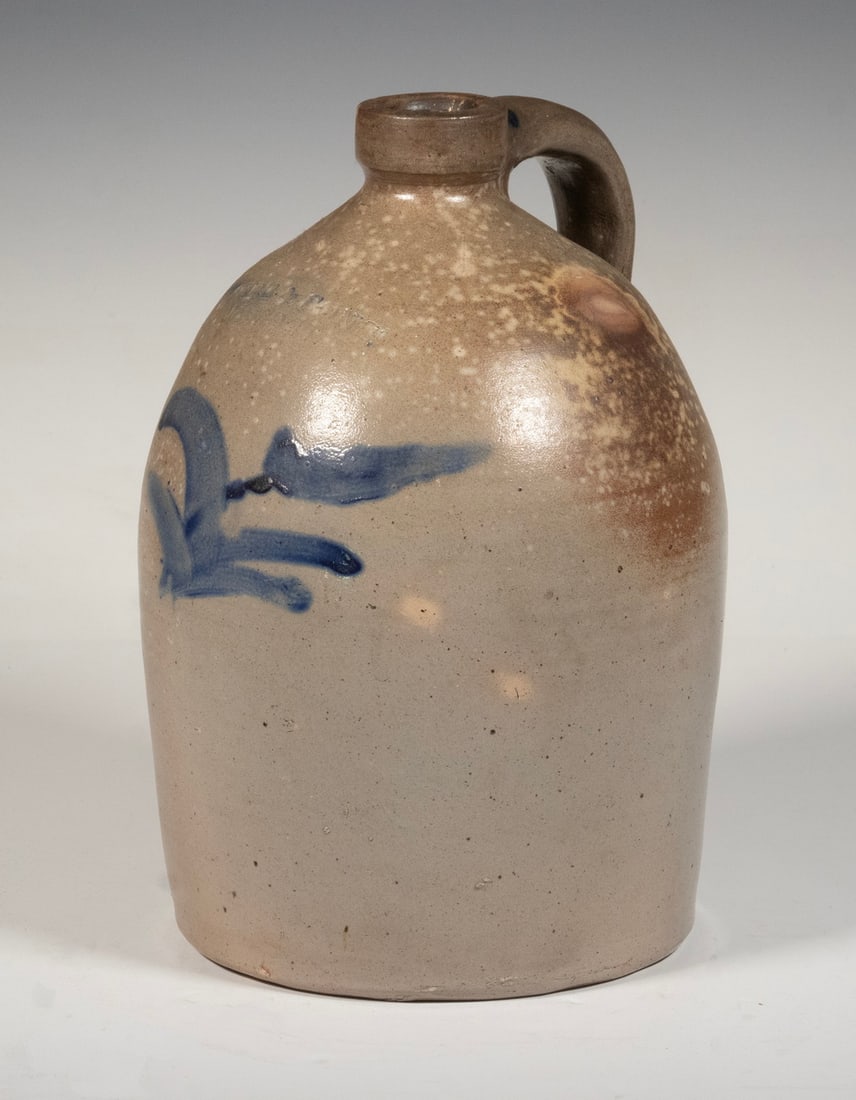 1 GALLON SIPE & SONS STONEWARE OYSTER JAR, PA, LATE 19TH CENTURY: 1 GALLON SIPE & SONS STONEWARE OYSTER JAR, PA, LATE 19TH CENTURY Featuring a rounded rim, cylindrical form, and decorated with cobalt blue floral around the body. Brown-glazed interior. Stamped SIPE &