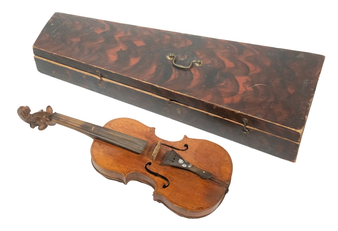 18TH C. PAINT DECORATED VIOLIN CASE W/ COUNTRY FIDDLE OF THE PERIOD (1 of 3)