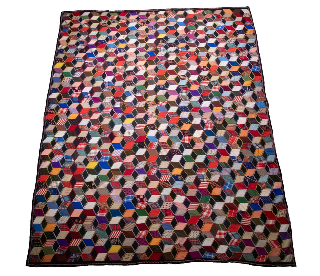 HAND MADE 19TH C. STACKED BLOCK QUILT (1 of 2)