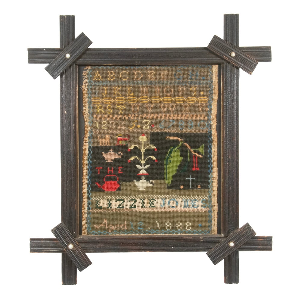 AMERICAN NEEDLEWORK SAMPLER, SIGNED LIZZIE JONES, 1888 (1 of 2)