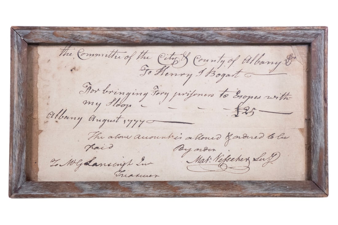 RARE REVOLUTIONARY WAR 1777 ALBANY RECEIPT FOR TORY PRISONERS: Receipt for Reward of 25 Pounds given to Henry I. Bogert "For bringing Tory prisoners to Escapes with my sloop", signed by Committee Secretary Matthew Visscher. Folded slip of wove paper, framed under