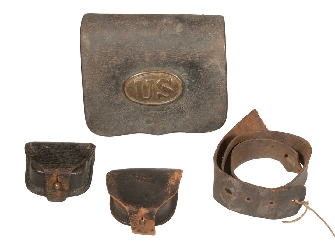 IDENTIFIED 1863 MAINE 6TH VOLUNTEER INFANTRY CARTRIDGE BOX, CAP BOXES GETTYSBURG: P1861, .58 Caliber Rifle-Musket Cartridge Box with tanned leather shoulder sling, brass oval “U.S.” box plate with fragment of belt, no belt buckle, (2) Cap Boxes. Includes a cleaning tool