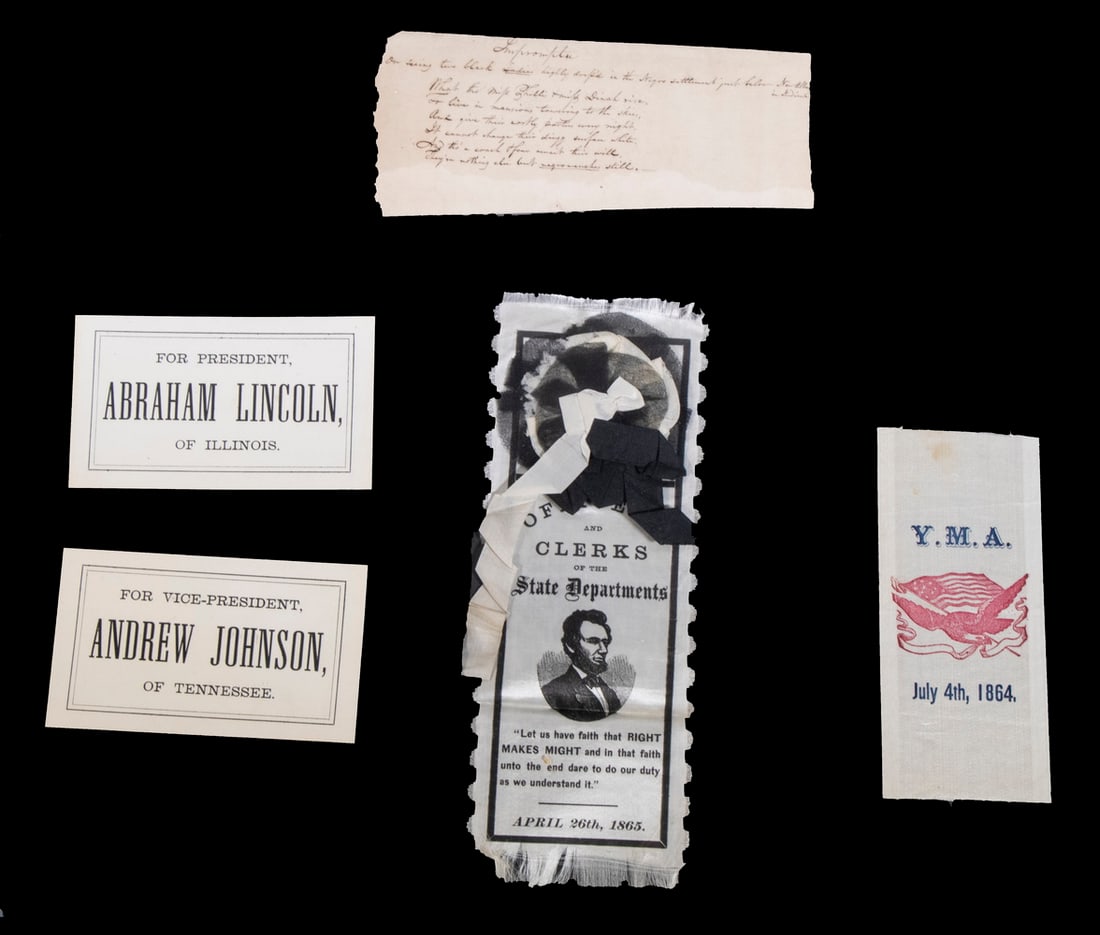 (4 PCS) RARE LINCOLN MEMORABILIA: Including: Mourning Ribbon from Lincoln Procession by Train, printed silk, for the "Officers and Clerks of the State Departments" in Albany, New York, dated April 26th, 1865, 9"x 3 1/2" (About 50,000