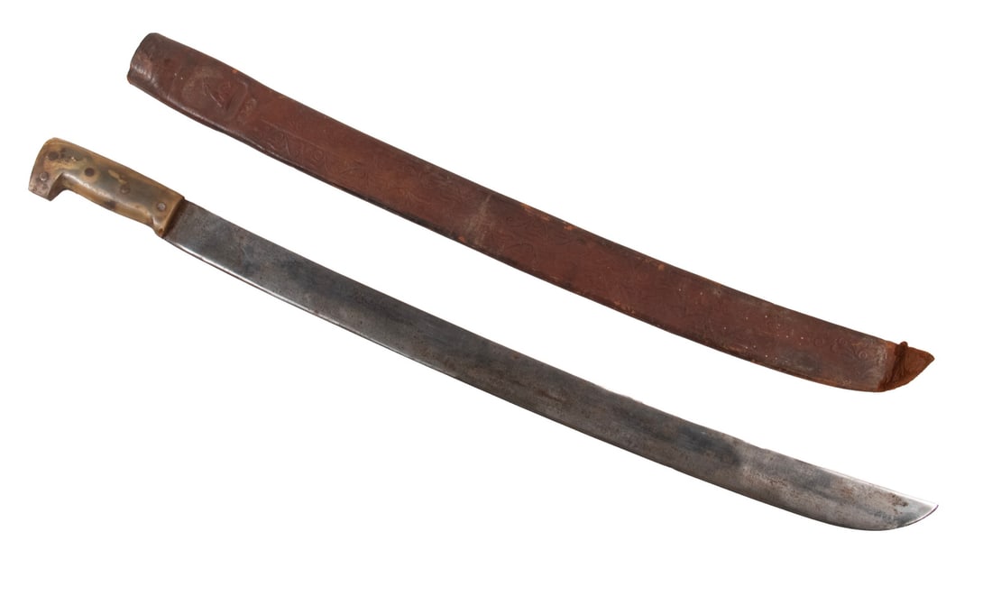 COLLINS NO. 22 MACHETE W/ SCABBARD: An offering a long-bladed machete by the Collins Company. The machete features a 26" long blade with vintage plastic grip panels. Included with the lot is the original stamped leather scabbard bearing