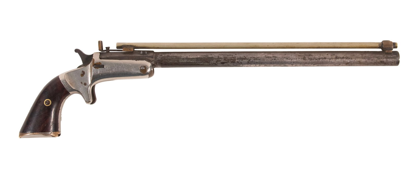 FRANK WESSON TIP-UP RIFLE, .25 RIMFIRE: An offering of an early Frank Wesson Tip-Up rifle minus its stock. The firearm features an octagon-to-round barrel mounted to a nickel finished frame with two rosewood grip panels. The barrel is mount