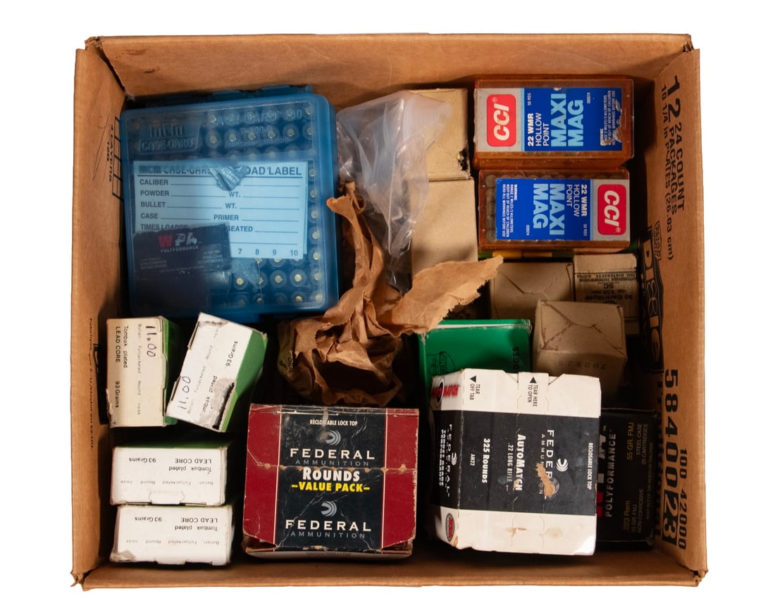 RIFLE/PISTOL AMMO LOT: A lot of misc. pistol and rifle calibers by various manufacturers. Lot includes: (80) rounds of 180 gr SP .303 British, (62) rounds of HP .22 WMR, (200) rounds of 5.56x45mm (half brass case, half stee