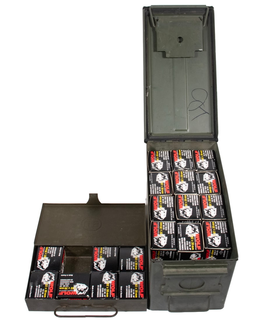 7.62x39 WOLF AMMO LOT: A lot of approximately 860 rounds of 7.62x39mm, steel case, 122 gr HP imported by Wolf Performance Ammunition. Lot is packaged in one 5.56 NATO ammo can and a small US stamped steel box. LGST Can: 11 
