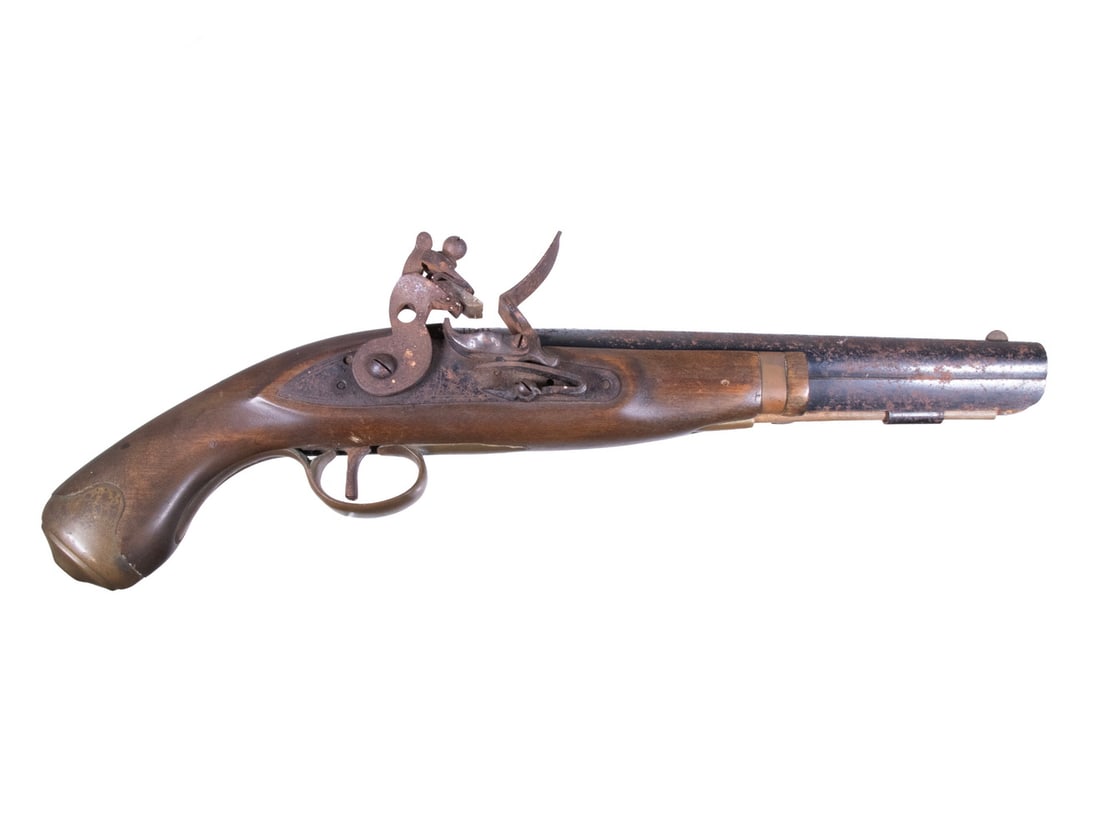REPLICA NAVAL FLINTLOCK BOARDING PISTOL: Unmarked replica with walnut stock, blued barrel (corroded), brass fitting, engraved lockplate, 58 cal but NOT practical, display only. Overall Length: 16 1/2 in. (41.9 cm.)