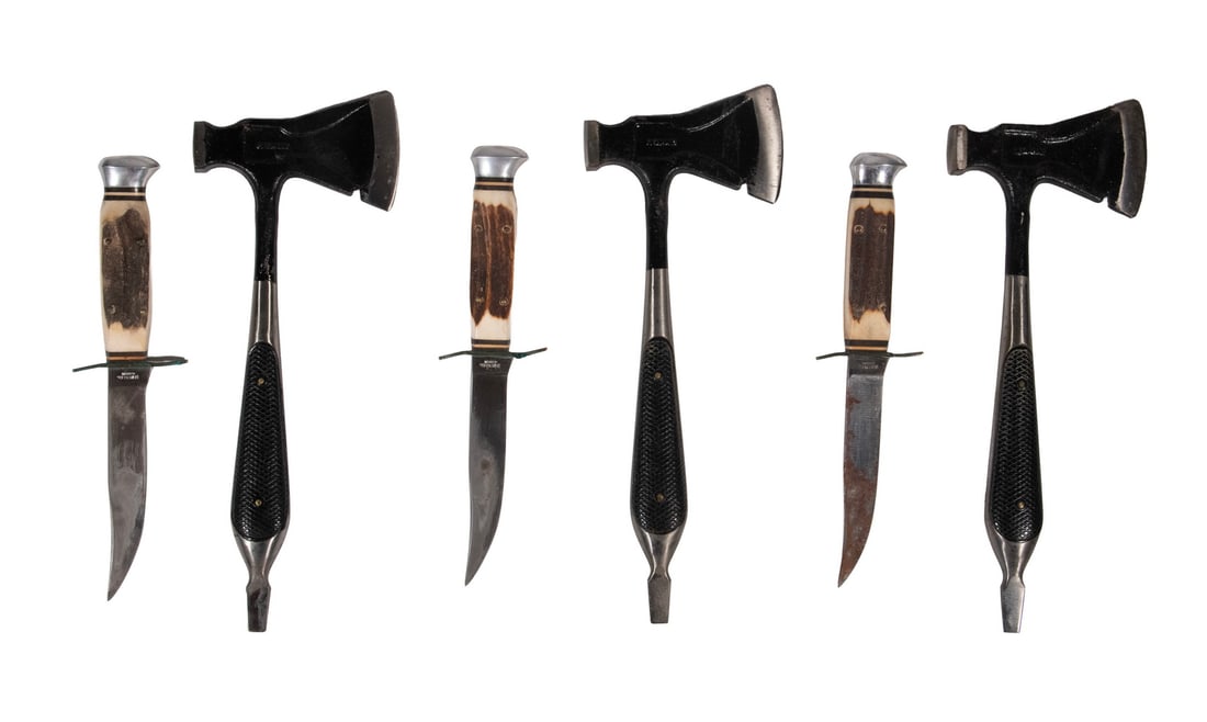 (3) 1930'S GERMANY KNIFE & MULTI-TOOL HATCHET IN SHARED SHEATH BY HENLEY: Stag Handled Knife, the cast steel hatchet with hammer head heel and screwdriver handle end, in leather sheath with embossed Indian head, belt loop, with original packaging, 10" long overall. Some bla