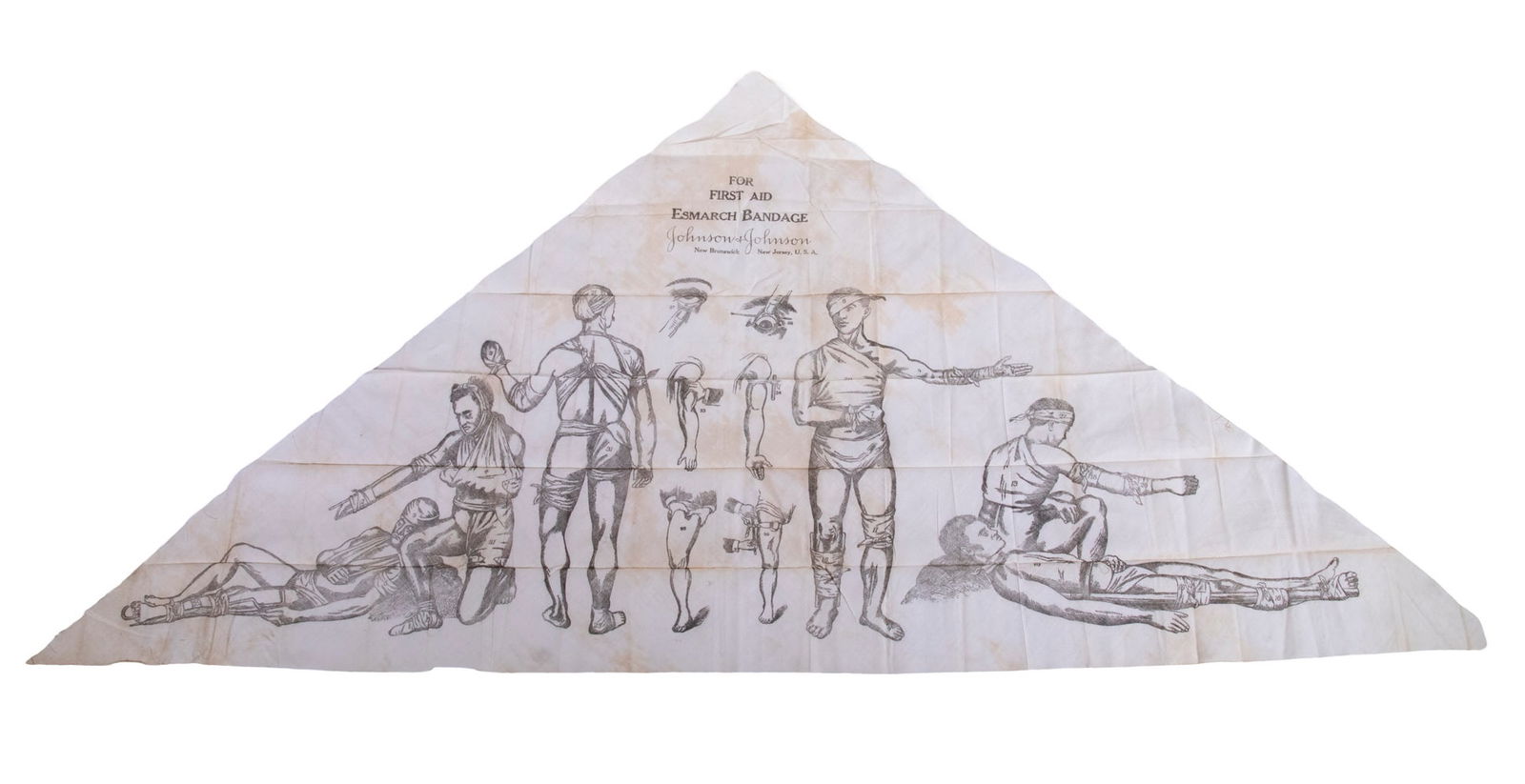 RARE WWI ERA ILLUSTRATED MEDICAL BANDAGE: Black Printed Triangular Cotton Bandage "For First Aid, Esmarch Bandage, Johnson & Johnson, New Brunswick, New Jersey, USA". The bandage is illustrated with instructional depictions of the various met