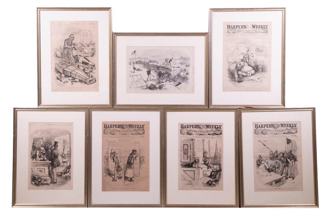 (7) FRAMED 1870'S "HARPER'S WEEKLY" ILLUSTRATIONS: All by Thomas Nast, 6 vertical & 1 horizontal format, 4 covers, in matching silver and gold molded frame with orange edges, matted under glass, OS: 22" x 16 1/2", SS: 15" x 10 1/2" vert & OS: 16 1/2"