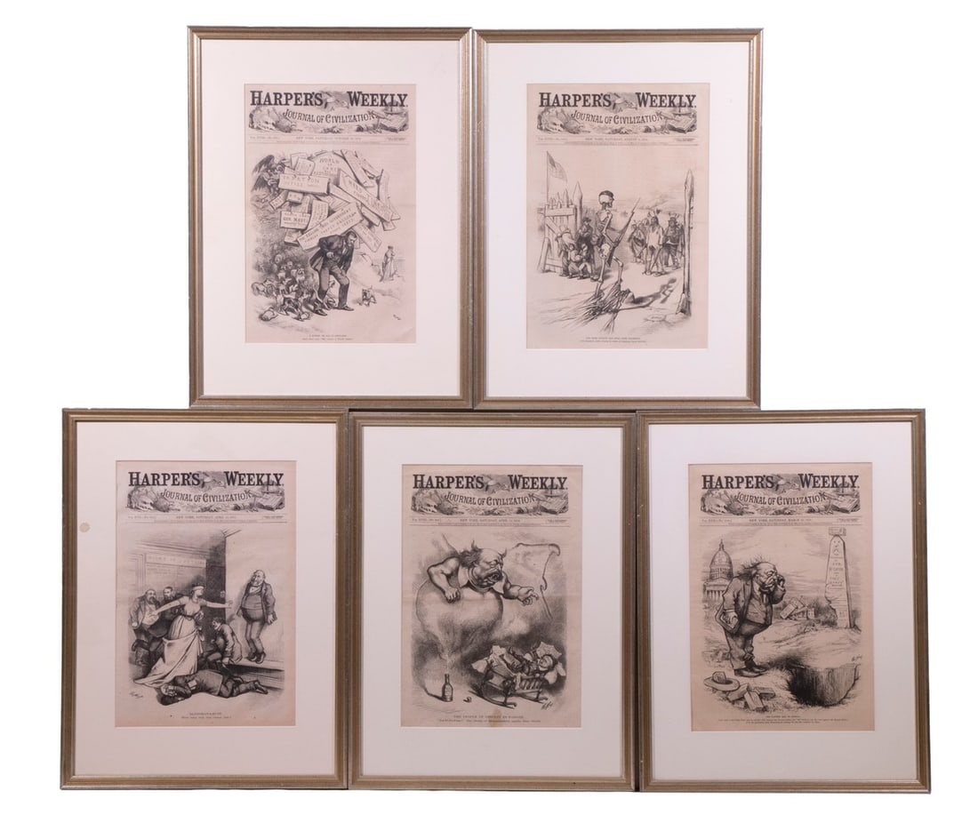 (5) FRAMED 1870'S "HARPER'S WEEKLY" ILLUSTRATIONS: All by Thomas Nast, vertical format, covers, in matching silver and gold molded frames, matted under glass. Including: Apr 12, 1873, "Blind Man"s Bluff" (Boss Tweed); PLUS Apr 11, 1874, "The Cradle of
