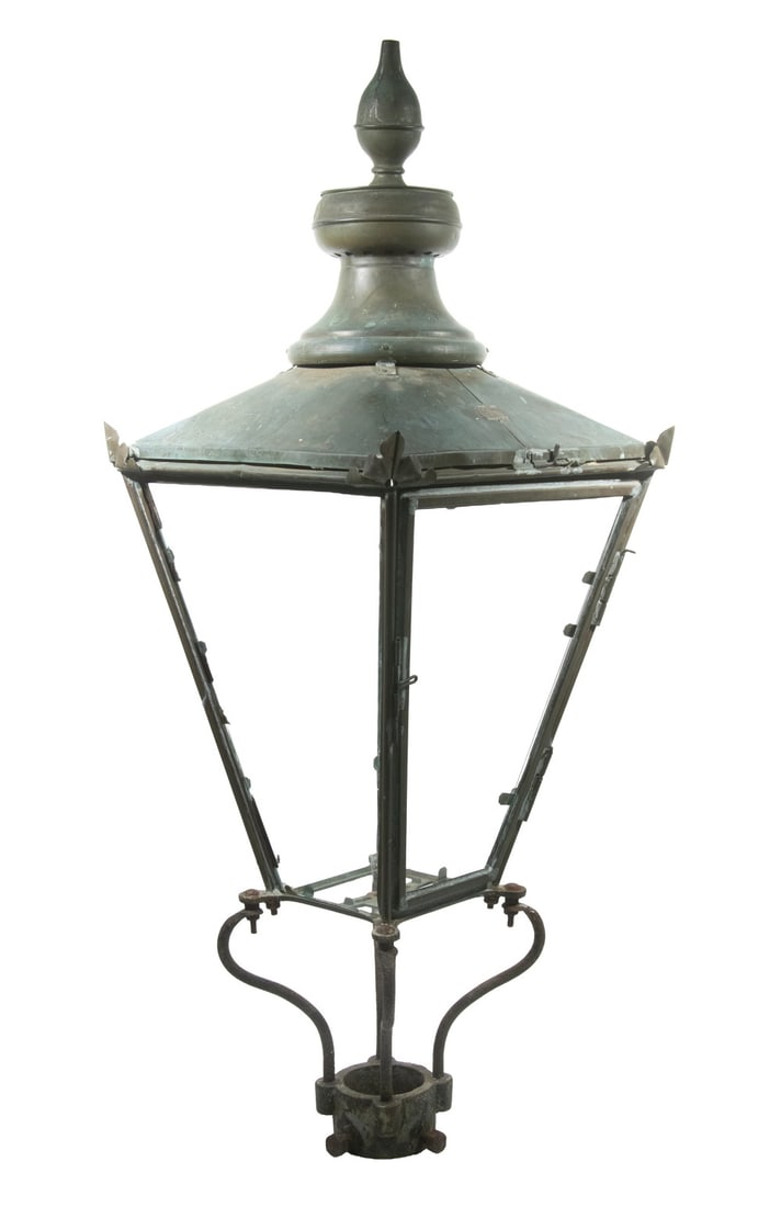 ANTIQUE ENGLISH COPPER STREET LAMP: Late 19th - Early 20th c. Gas Pole Lantern by Foster & Pullen Limited, Avil Works, Bradford, having a domed top and lid finial, fancy applied corner trim, tapered glass paneled sides, single hinged do