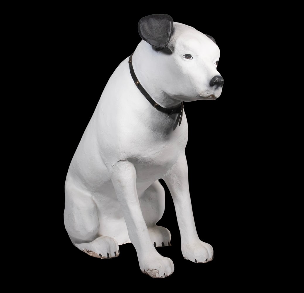 LARGE PAPIER MACHE "NIPPER" TRADEMARK DOG: Vintage Painted Papier Mache of the Advertisement Icon for the Gramophone "His Master's Voice", with leather collar. Losses to bottom edge."Nipper" was first portrayed with his head cocked attentively