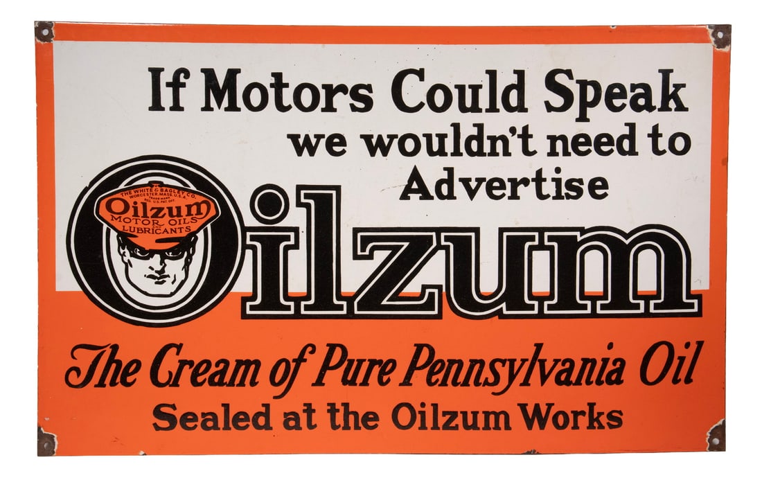 OILZUM MOTOR OIL SIGN: Gas Station Exterior Sign for Oilzum Motor Oils and Lubricants, The White & Bagley Co. of Worcester, Mass. Slogan with "Oswald the Chauffeur" logo reads "If Motors Could Speak we wouldn't need to Adve