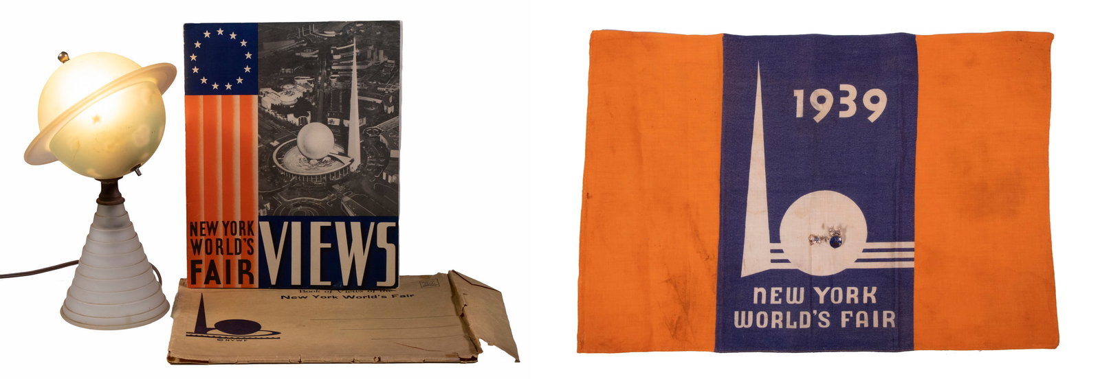 (4 PCS) 1939 NEW YORK WORLD'S FAIR MEMORABILIA: (2) 1939 New York World's Fair Souvenir Items, incl: "Saturn" Art Deco table lamp, made by the L.J. Houze Convex Glass Co. (Point Marion, PA) specifically for the World's Fair; in frosted glass, the i