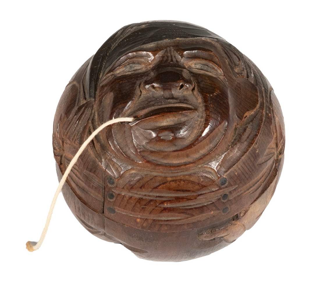 BLACK FOREST CARVED STRING DISPENSER: Fat Man wearing Night Clothes and Cap, in a chip-carved sphere. Size: 3 1/2 x 3 1/2 x 3 1/2 in. (8.9 x 8.9 x 8.9 cm.)