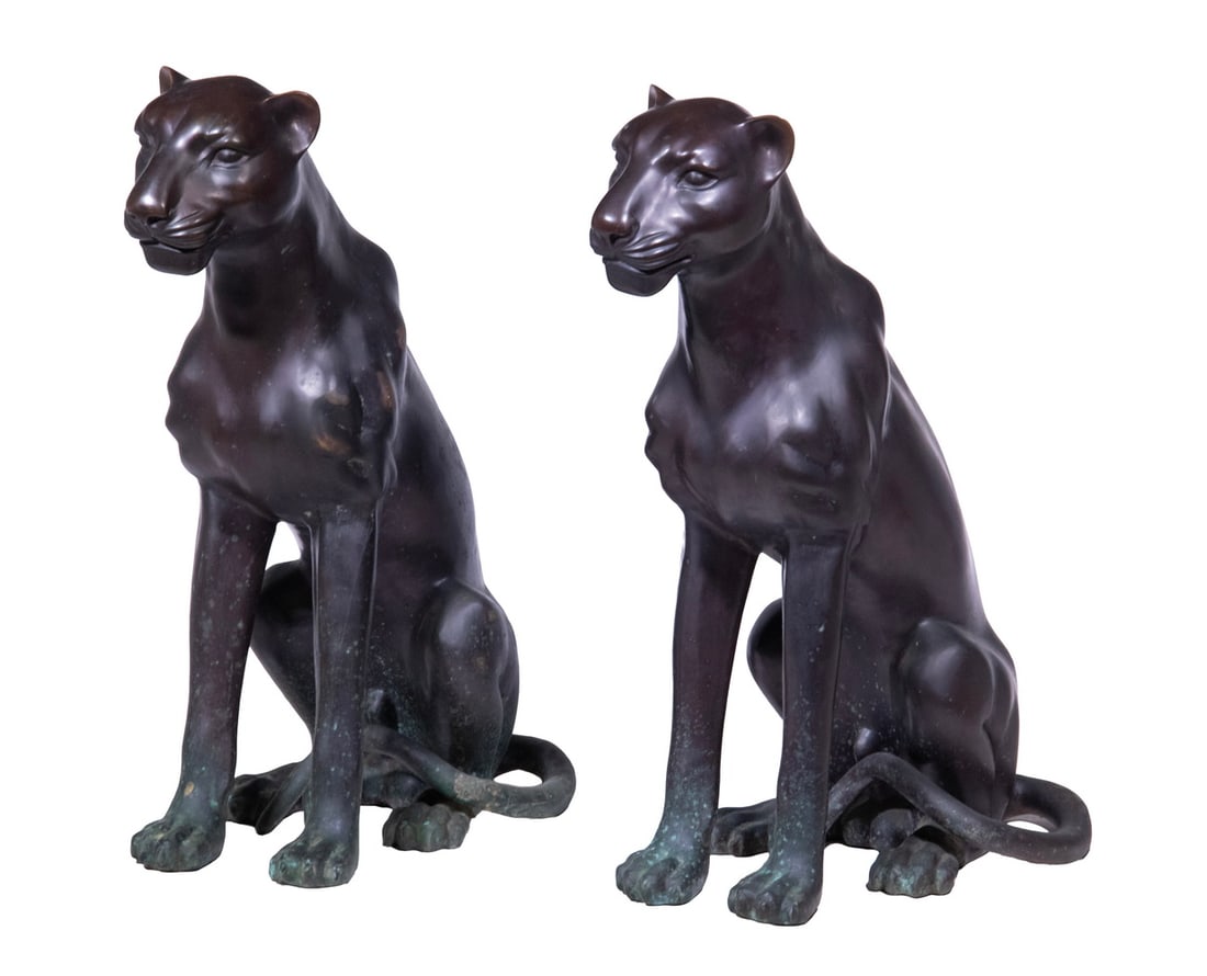 PR BRONZE SEATED PANTHER FIGURES: Pair of Life-Size Patinated Hollow Cast Sculptures, depicting panthers. Size: 35 x 12 x 22 in. (88.9 x 30.5 x 55.9 cm.)