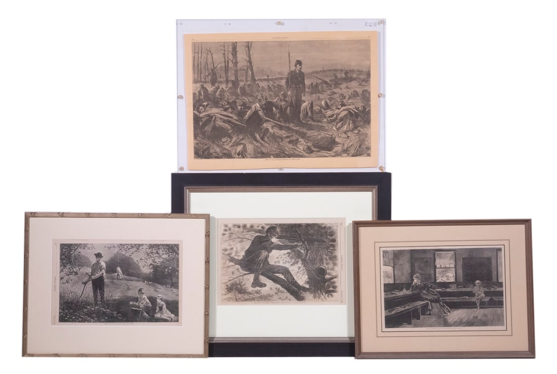 (4) WINSLOW HOMER 'HARPER'S WEEKLY' WOODCUT ILLUSTRATIONS, CIVIL WAR ERA & AFTER, IN VARIOUS FRAMES: Including: "The Army of the Potomac - A Sharp-Shooter on Picket Duty", Nov 15, 1862 issue, in black and gold panel frame, matted and glazed, OS: 21 1/2" x 26", SS: 10" x 15"; PLUS "Army of the Potomac