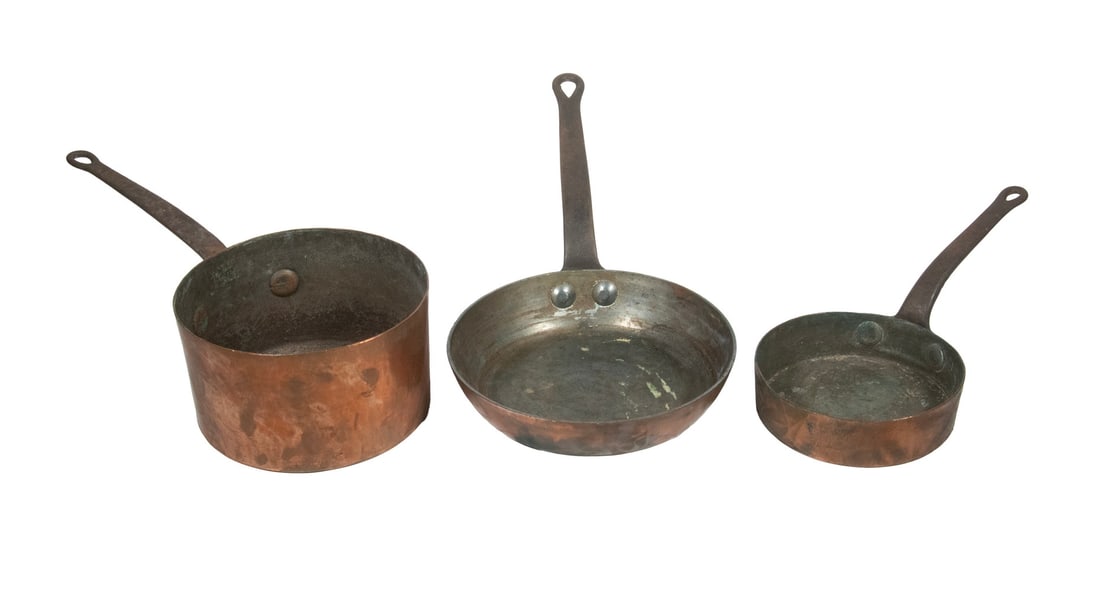 (3) EARLY COPPER COOKING PANS: Group of (3) Late 19th c. American Made Copper Cookware, with iron handles, incl: Sauce pan by Duparquet, Huat & Moneuse (marked LFD&H), 24 & 26 Wooster St., NY; 5 1/4" high, 15 1/4" wide; Skillet by