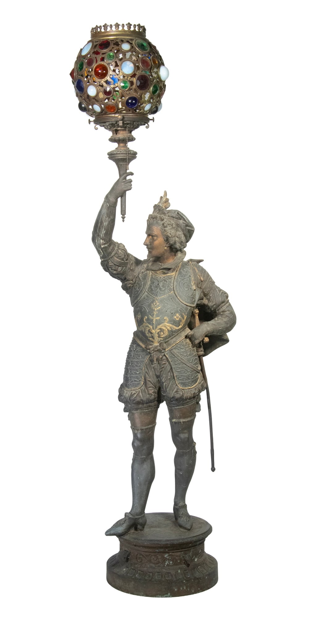 RARE RENAISSANCE REVIVAL NEWEL POST SCULPTURE: Late 19th c. Figure of a Shakespearean Gentleman, holding aloft a covered torch, probably from the main newel post on a set of grand stairs. Bronzed spelter metal with gold painted costume details, on