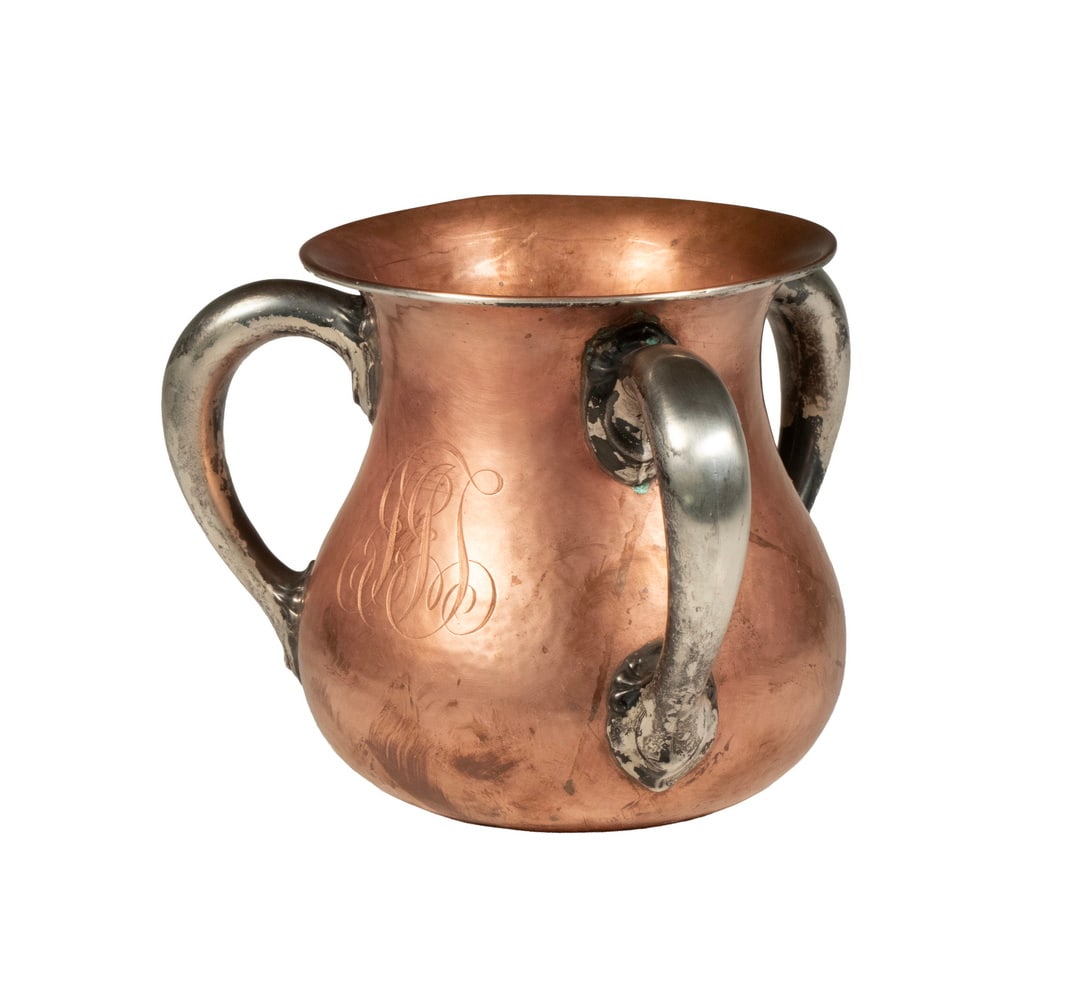 GORHAM COPPER & SILVER LOVING CUP: Early 20th c. Mixed Metal Three-Handled Cup or Tyg, in hammered copper with silver handles and rim, stamped "Gorham Mfg. Co." and "C127" on the base, with engraved JJT monogram, OS: 5 1/4 x 5 in. (13.