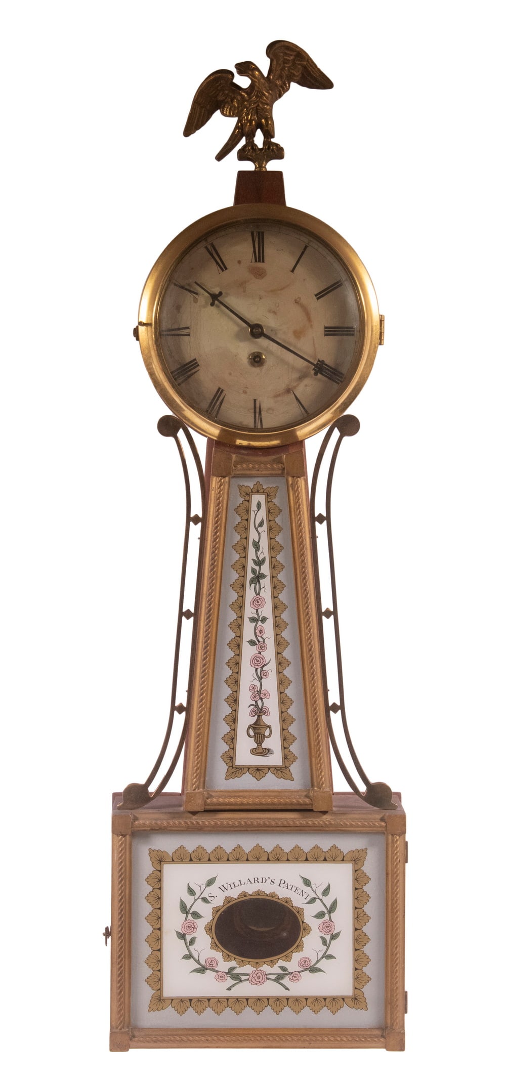 REPRODUCTION S. WILLARD'S PATENT BANJO CLOCK: Federal Style Replica of a Simon Willard Clock, from a kit manufactured by Mason & Sullivan (Osterville, MA), with 8-day brass time only movement (with pendulum and key), gilded metal eagle topped mah