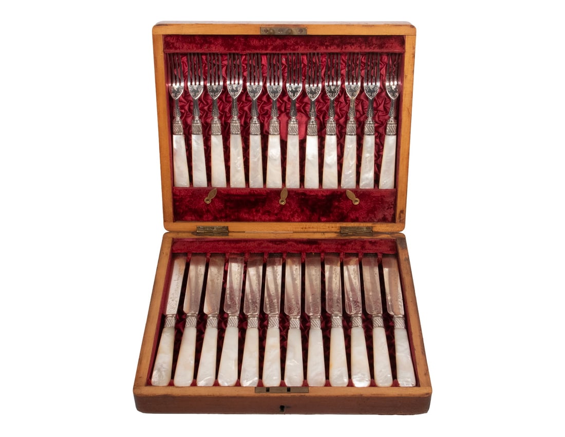 CASED ENGLISH FISH SET BY JOSEPH RODGERS & SONS: Late 19th c. (24)-Piece Fish Serving Set, by Joseph Rodgers & Sons, Sheffield, consisting of twelve sets of forks and knives with engraved silver-plate blades/tines and mother-of-pearl handles; in a v