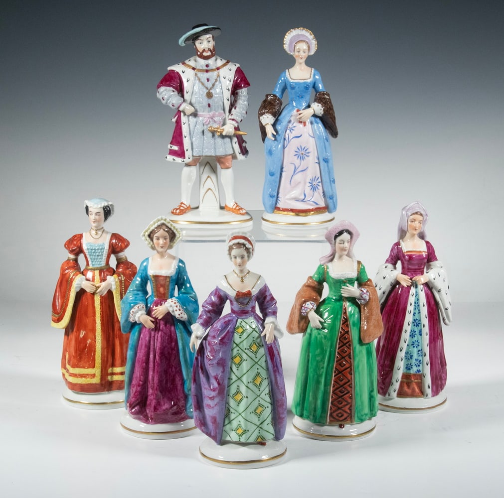 (7 PCS) SITZENDORF HENRY VIII & WIVES FIGURINES: Set of (7) German Porcelain Figures, ca. 1972, depicting King Henry VIII and his six wives (Catherine of Aragon, Anne Boleyn, Jane Seymour, Anne of Cleves, Catherine Howard, and Catherine Paar), 7 1/2