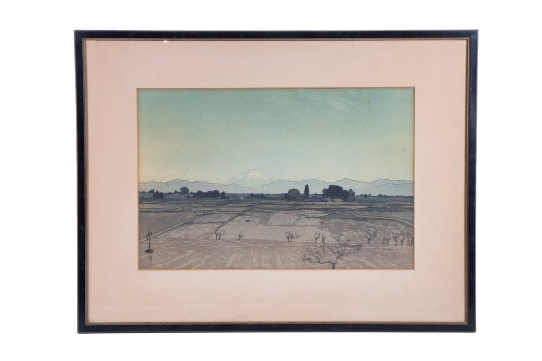 HIROSHI YOSHIDA (1876–1950) – FUJIYAMA FROM MUSASHINO: A tranquil shin-hanga woodblock print by Hiroshi Yoshida, titled Fujiyama from Musashino, from the celebrated Ten Views of Fuji series. This composition presents a distant view of Mount Fuji rising ge