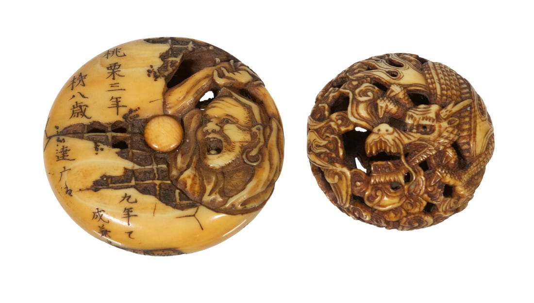 19TH C. (2) JAPANESE CARVED IVORY NETSUKE WITH OPEN WORK, MEIJI PERIOD