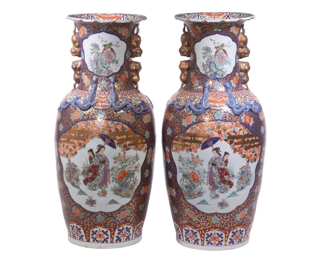 PR LARGE JAPANESE FLOOR VASES WITH FIGURAL AND FLORAL PANELS
