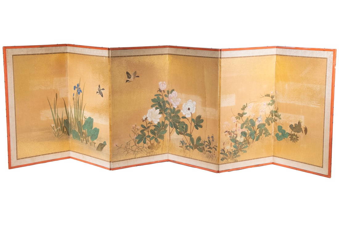 JAPANESE SIX-PANEL FLORAL AND BIRD SCREEN