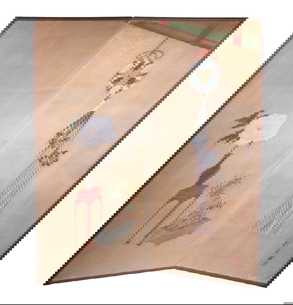 JAPANESE TWO-PANEL FOLDING SCREEN WITH PEONY AND FLORAL TASSEL, SIGNED