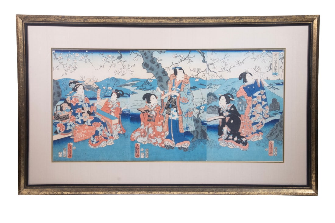 UTAGAWA FUSATANE (ACTIVE 1854–1889), TRIPTYCH WOODBLOCK PRINT, 1863: A complete triptych woodblock print by Utagawa Fusatane, titled "Genji Four Seasons Pleasure Trip: Spring" (1863), depicts elegant women under blooming cherry trees in a coastal landscape. Each sheet