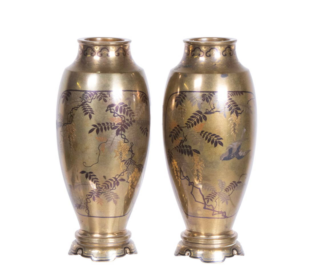 PR JAPANESE MIXED-METAL VASES WITH LANDSCAPE AND WISTERIA, MEIJI PERIOD