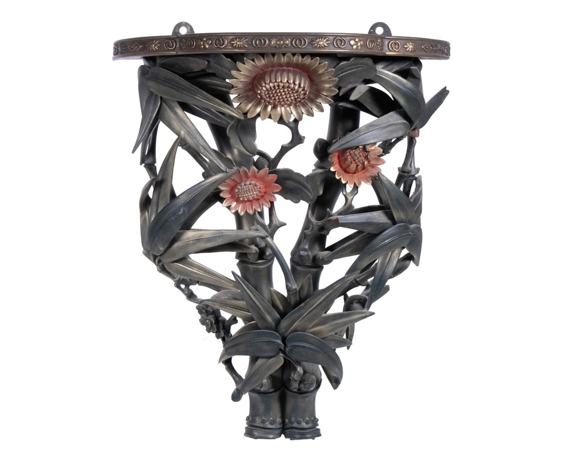 ASIAN THEMED CARVED & LACQUERED BRACKET SHELF: Nicely Carved and Reticulated Lobed Bracket Shelf supported by complicated arrangement of bamboo and chrysanthemum, in red and green lacquer with gold rubs. Size: 14 x 11 x 6 in. (35.6 x 27.9 x 15.2 c