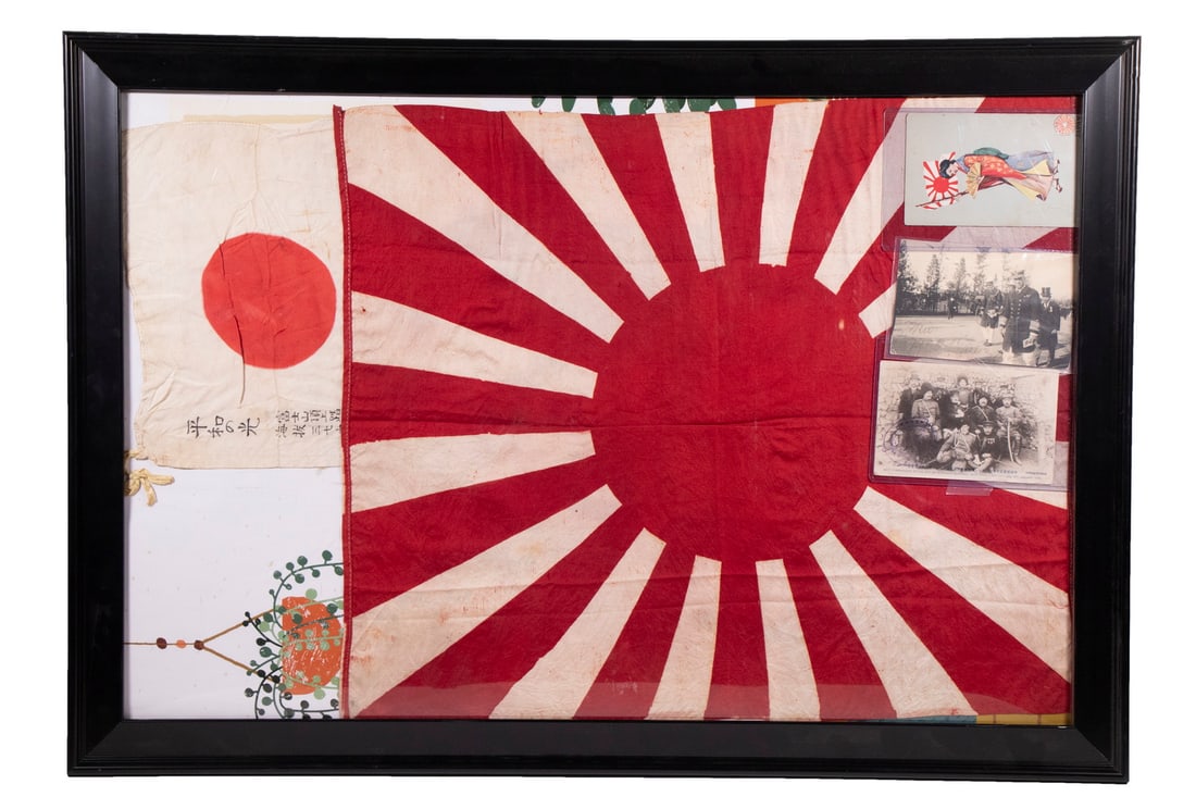 (2) WWII JAPANESE BATTLE FLAGS IN ONE FRAME: Including "Rising Sun" (Kyokujitsu-ki) silk flag, 19" x 22 1/2" & Signed Small Unit Assault Flag, signed, in silk with ties on short end, 7" x 11"; along with (3) Russo-Japanese postcards ca 1905, all