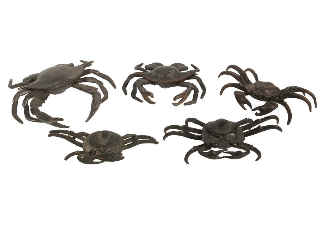(5) JAPANESE BRONZE CRAB SCULPTURES, TWO AS INKWELLS