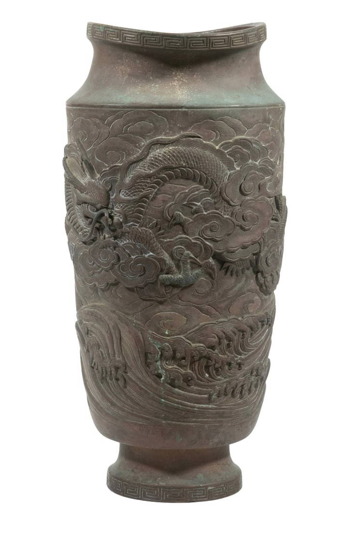 JAPANESE MEIJI BRONZE VASE WITH HIGH RELIEF DRAGON AND WAVE MOTIF