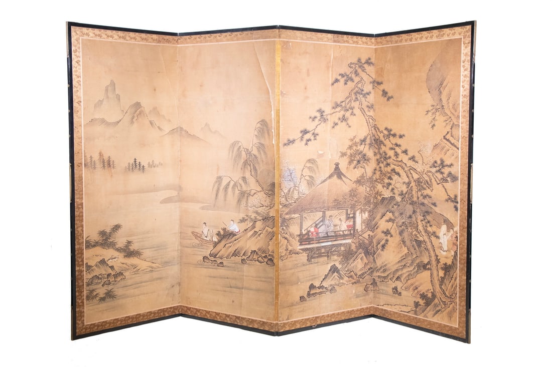 JAPANESE FOUR-PANEL SCREEN WITH FIGURAL LANDSCAPE SCENES: A four-panel folding screen, ink and color on paper, depicting continuous landscape scenes presents a classical ink-wash style with scholars, fishermen, and pines in a mountainous setting, bordered in
