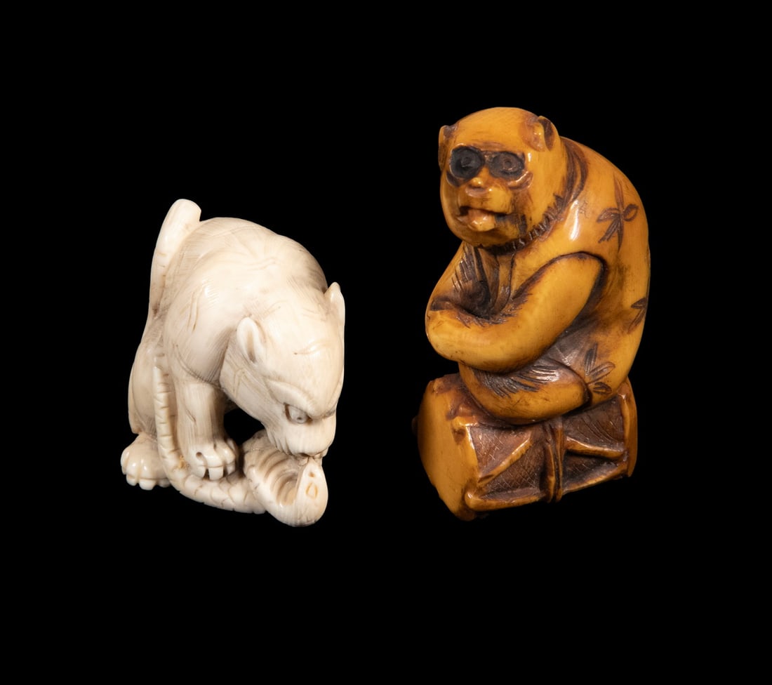 19TH C. (2) JAPANESE IVORY NETSUKE OF MONKEYS, SIGNED