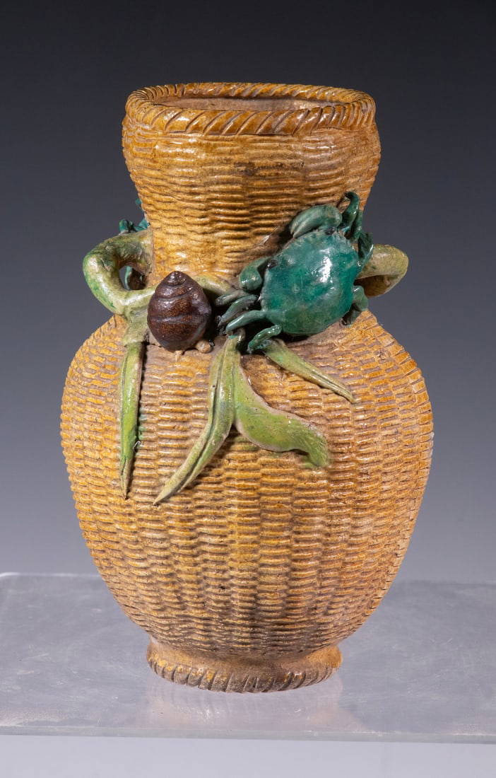 JAPANESE GLAZED CERAMIC VASE WITH CRAB AND SNAIL