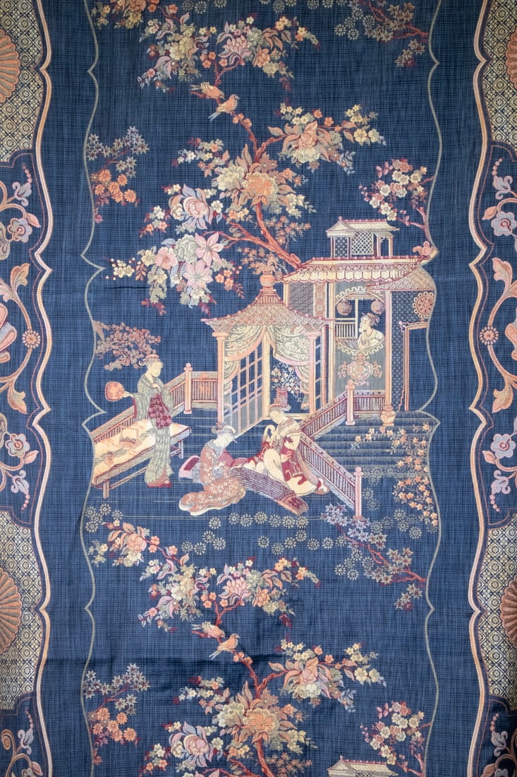 4 YARDS MODERN JAPONISME UPHOLSTERY FABRIC: Vignettes of Families in Gardens and on verandas of homes, on blue field, quality damask brocade, fine condition. 150 x 56 in. (381 x 142.2 cm.)