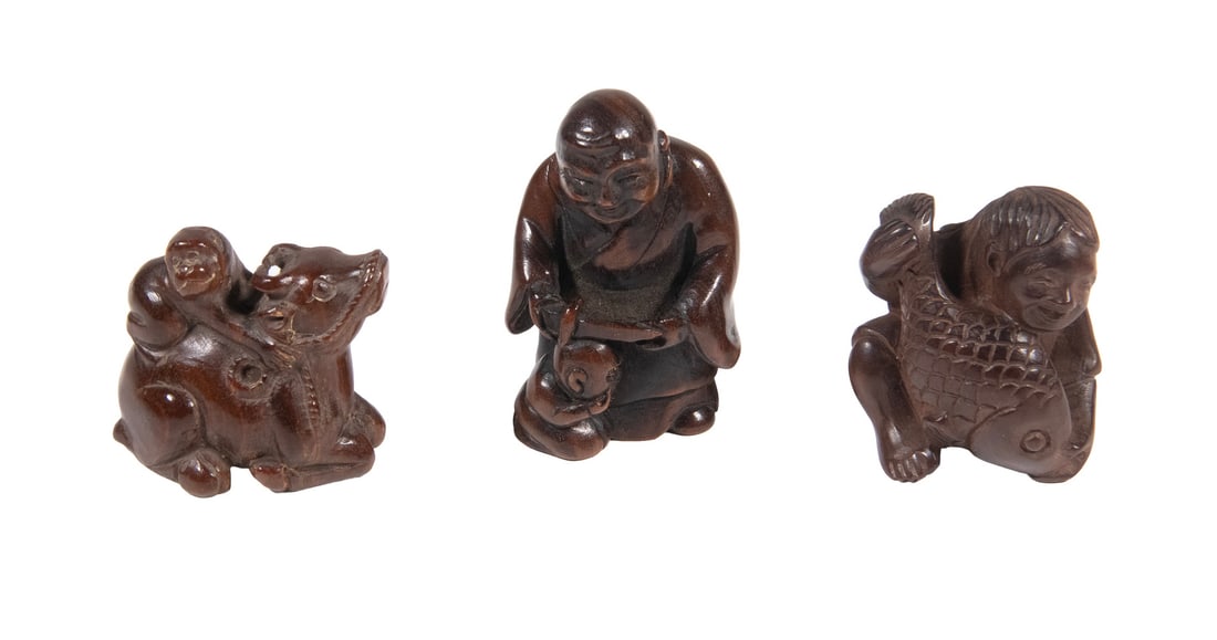 (3) JAPANESE WOOD NETSUKE, MEIJI PERIOD
