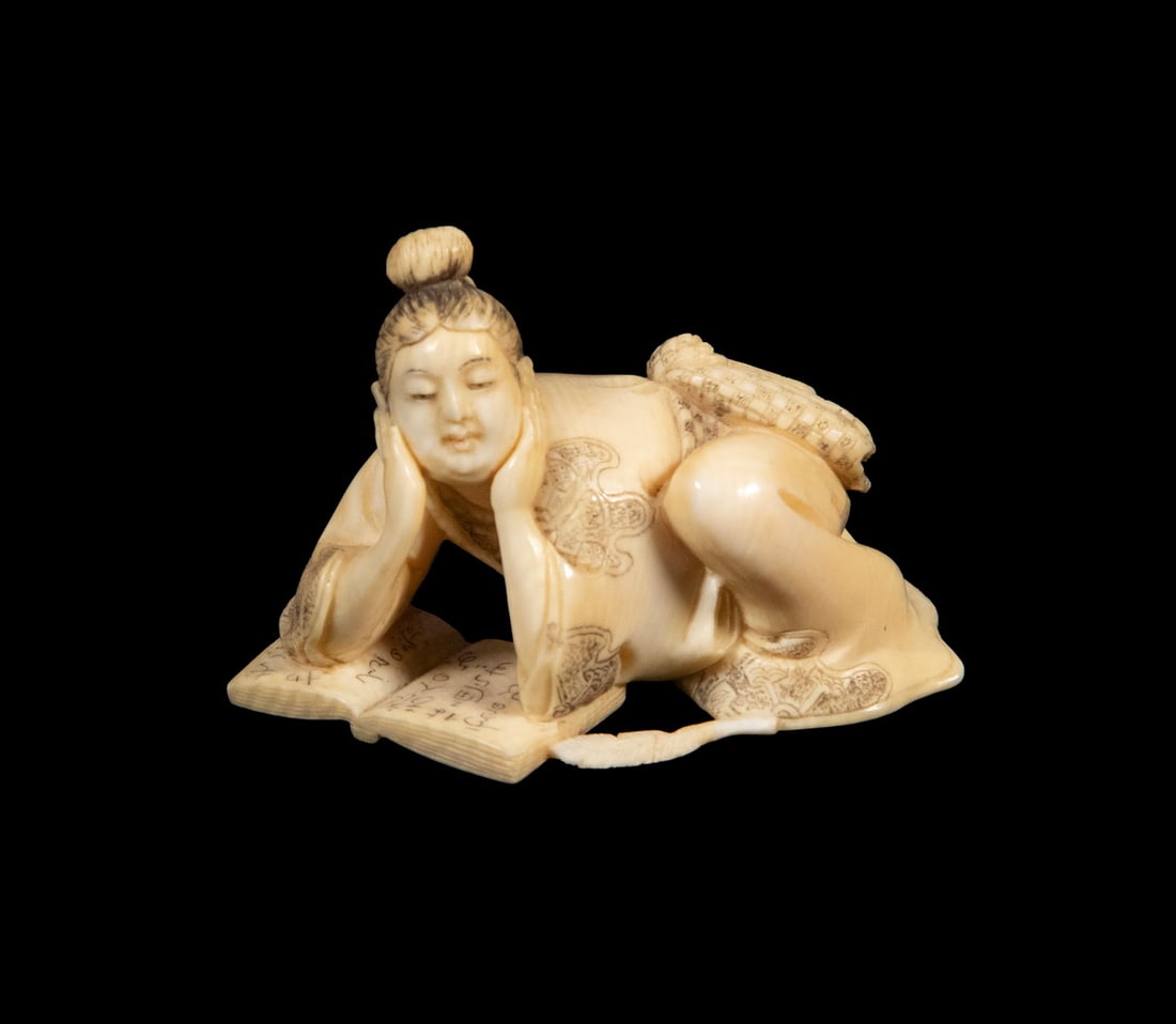 19TH C. FINE JAPANESE SCHOLAR IVORY NETSUKE, SIGNED WITH RED-LACQUERED