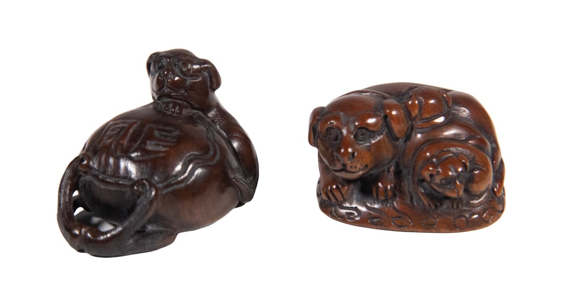 (2) JAPANESE WOOD NETSUKE OF DOGS, BOTH SIGNED, MEIJI PERIOD