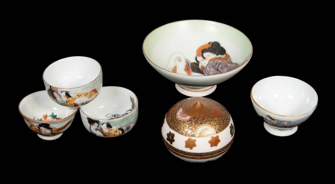 (6) JAPANESE EROTIC PORCELAIN PIECES, INCLUDING KUTANI BOX, MEIJI PERIOD